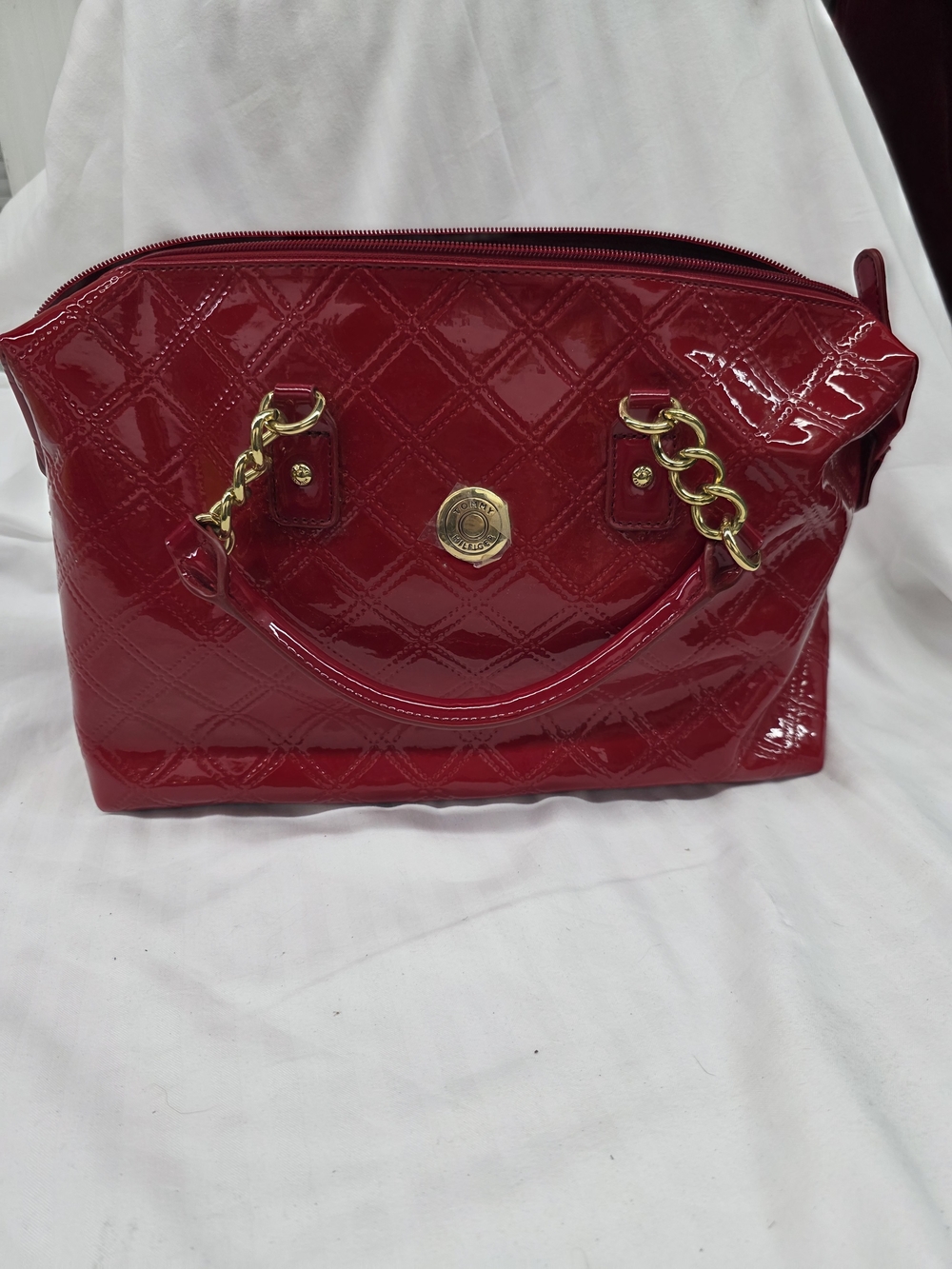 Tommy Hilfiger Patent Red Tote with Gold Chain Handles